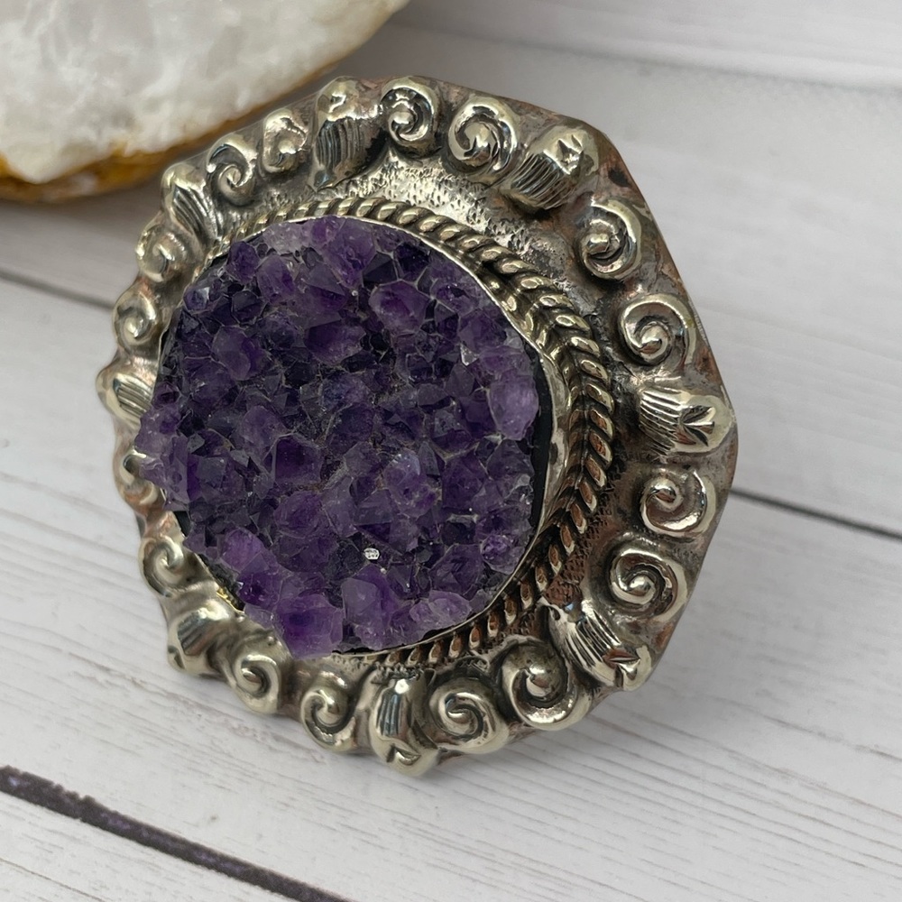 Amethyst Druzy Adjustable Tibetan Statement Ring 2” Handcarved